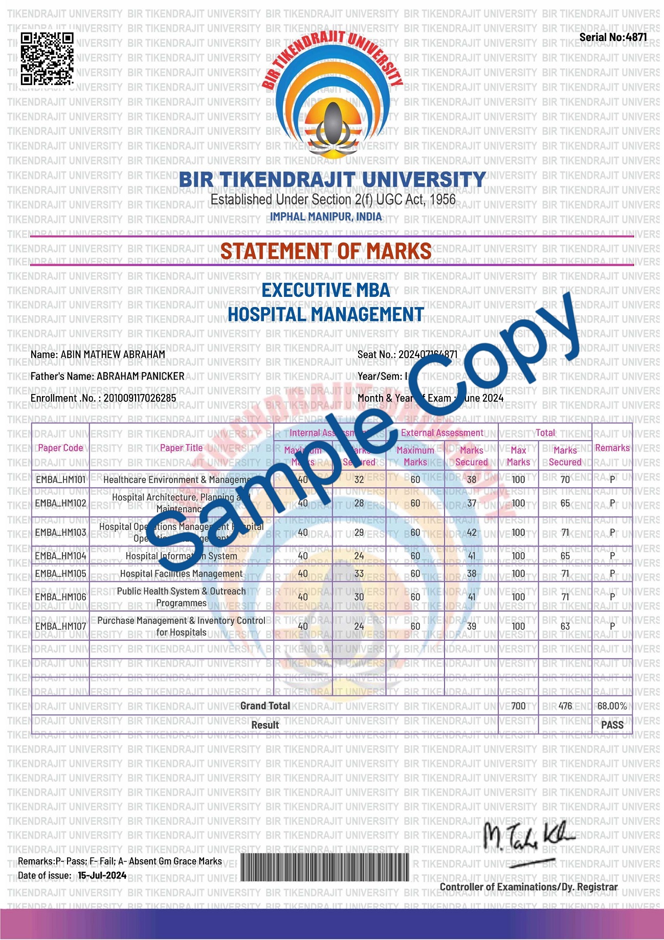 Bir Tikendrajit University Marksheet Sample