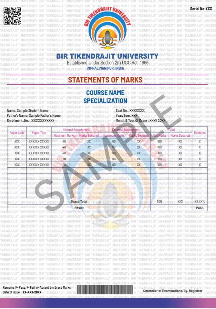 Bir Tikendrajit University Marksheet Sample
