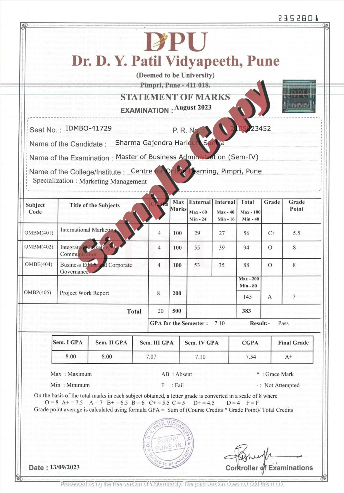 Dr. D. Y. Patil Vidyapeeth Marksheet Sample