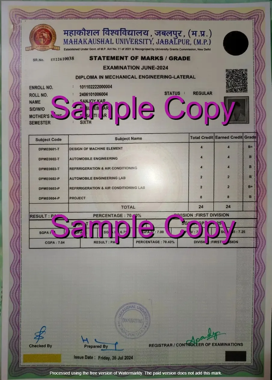 Mahakaushal University Marksheet Sample