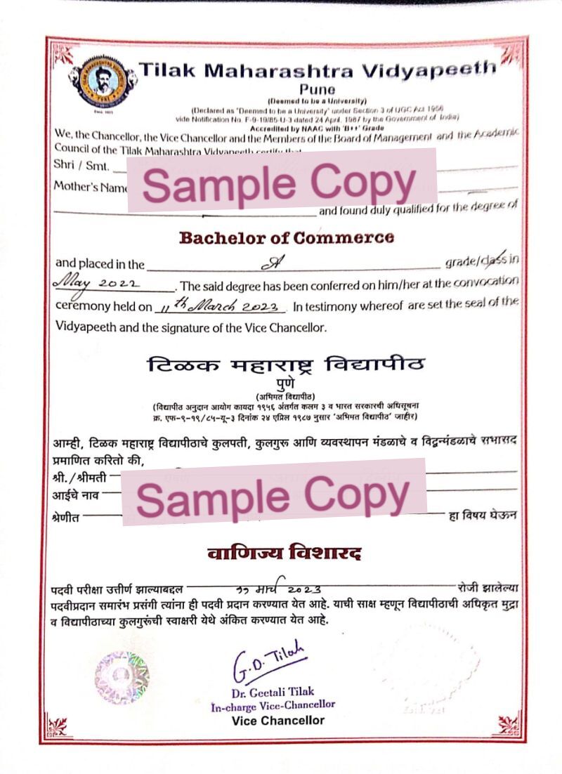 Tilak Maharashtra Vidyapeeth Degree Sample