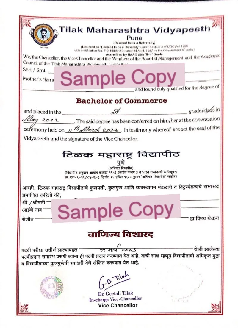 Tilak Maharashtra Vidyapeeth Degree Sample
