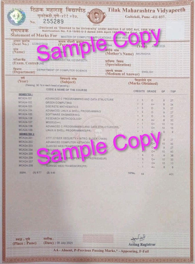 Tilak Maharashtra Vidyapeeth Marksheet Sample